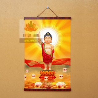 Tranh Phật Đản Sanh nẹp gỗ 40x60cm chất liệu vải phủ bóng cao cấp dày dặn