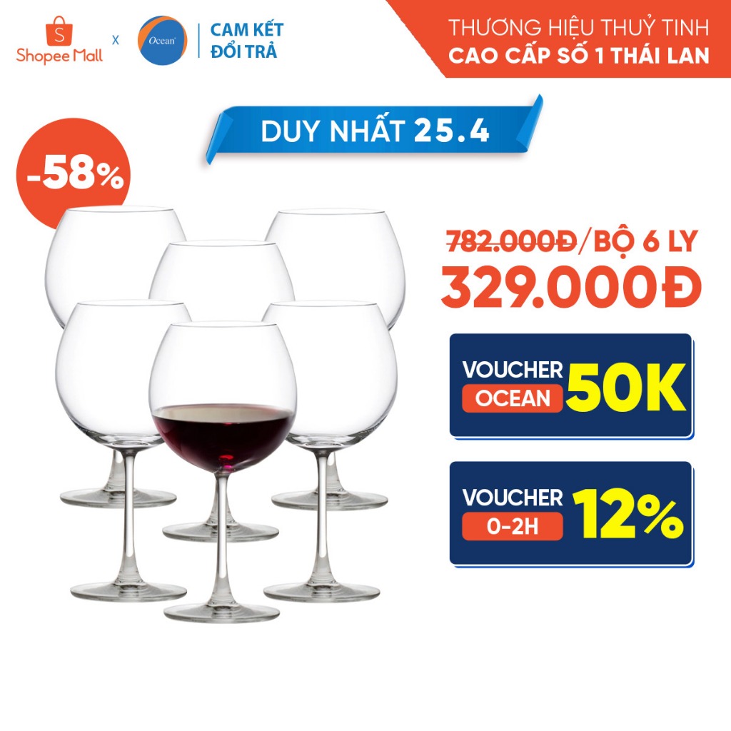 Bộ 6 Ly Rượu Thủy Tinh Ocean Madison Burgundy 650ml - Chính Hãng