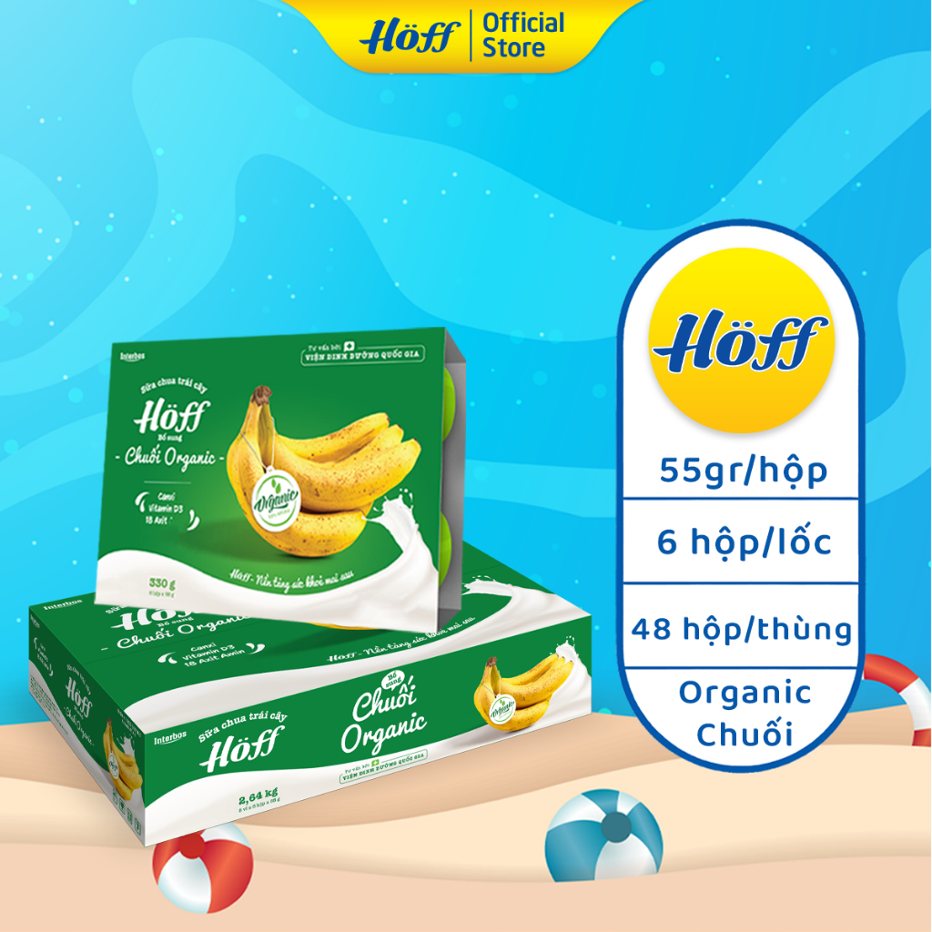 Sữa chua trái cây Hoff CHUỐI ORGANIC cho bé từ 6 tháng tuổi, bổ sung vitamin, D3, 18 loại axit amin - 1 THÙNG (8 lốc)