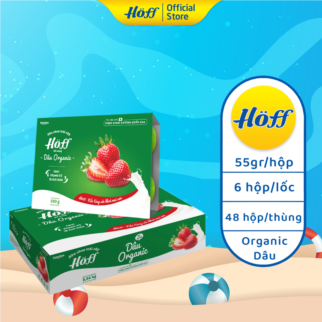 Sữa chua trái cây Hoff DÂU ORGANIC cho bé từ 6 tháng tuổi, bổ sung vitamin, D3, 18 loại axit amin- 1 THÙNG (8 lốc/48 hộp