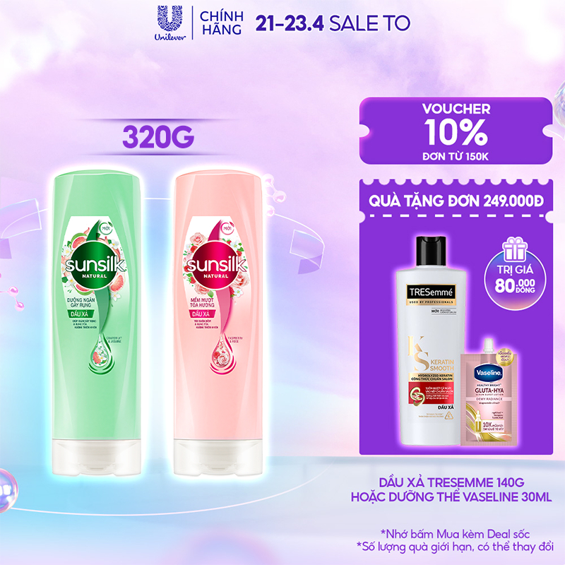 Dầu xả Sunsilk Natural 320g thành phần 100% thiên nhiên cho mái tóc tỏa hương sống động 48h và giảm gãy rụng gấp 2,5 lần