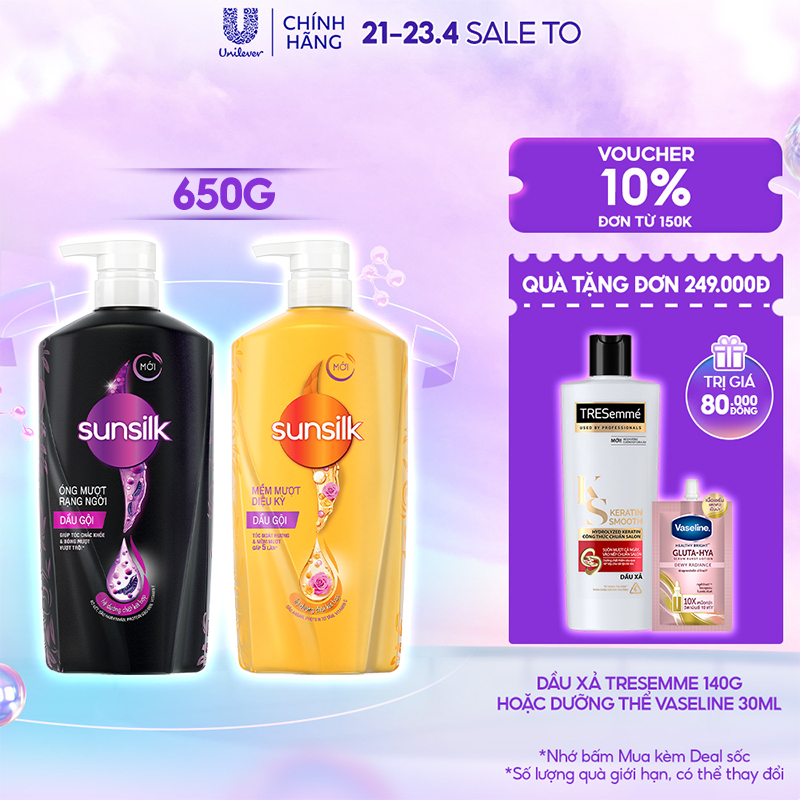 Dầu gội Sunsilk 650g làm sạch và mềm mượt tóc gấp 5 lần, cho mái tóc ngát hương suốt 48h