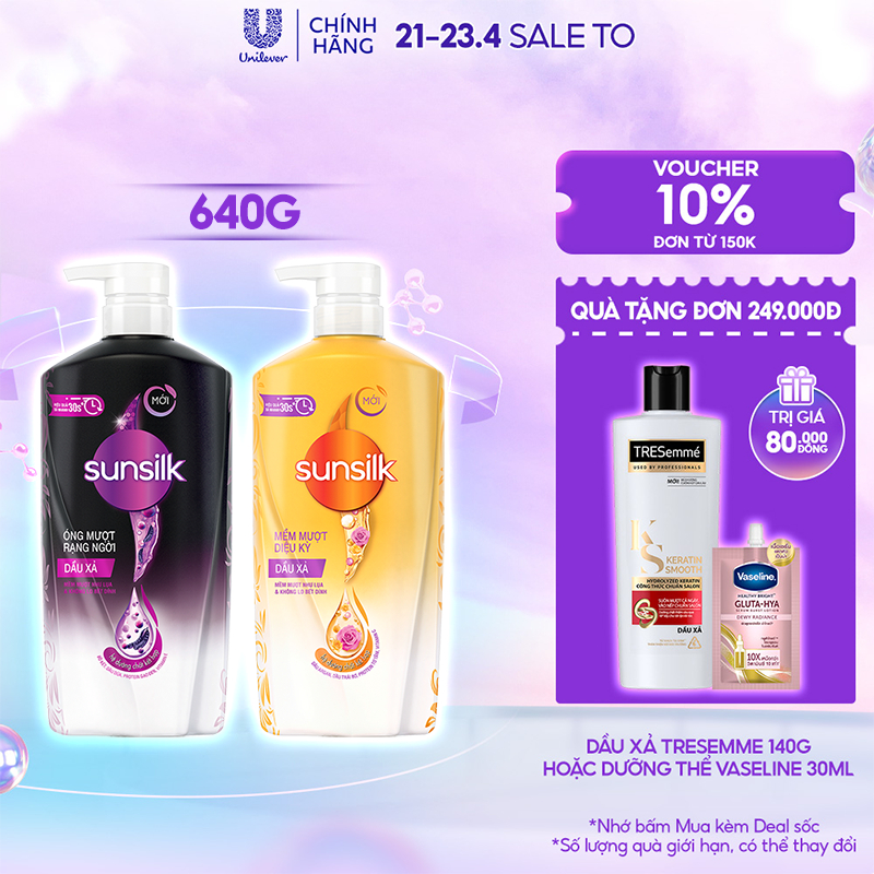 Dầu xả Sunsilk 640g với tinh dầu Trái Bơ và dầu Argan cho mái tóc không xơ rối và bết dính