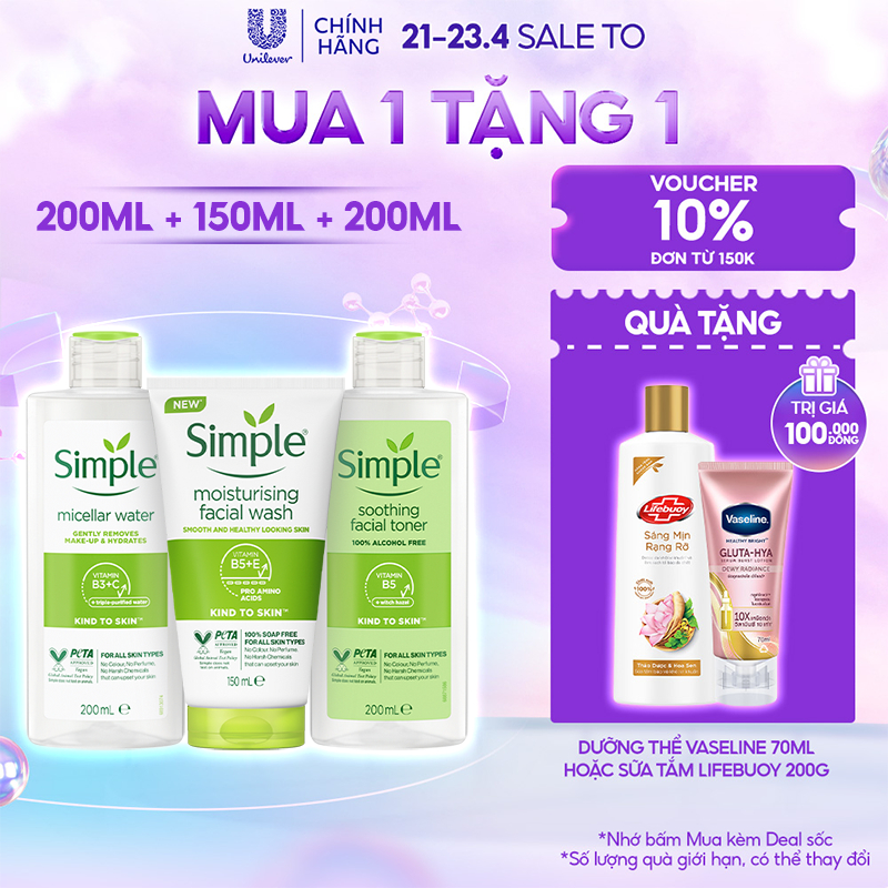 Combo Simple Nước tẩy trang 200ml + Sữa rửa mặt 150ml + Nước hoa hồng 200ml cho da sạch sâu ẩm mịn