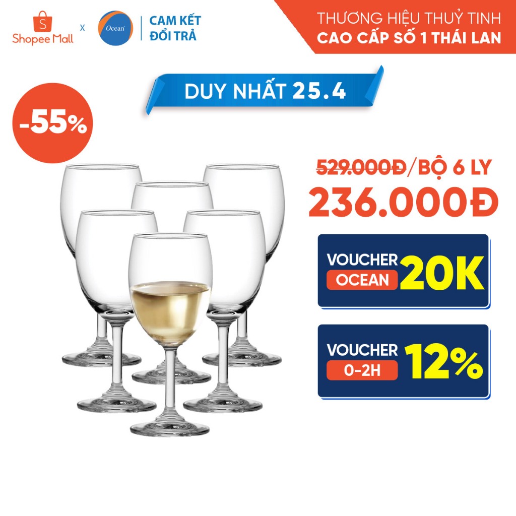 Bộ 6 Ly Rượu Vang Trắng Ocean Classic White Wine 195ml - Chính Hãng