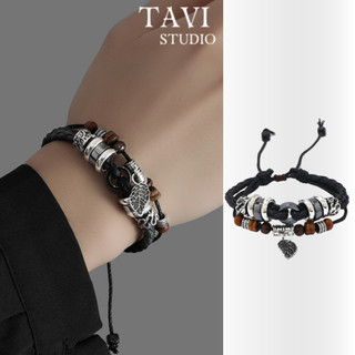Vòng Tay Nam Nữ Da Bện Phối Thép Không Gỉ Phong Cách Vintage Thời Trang Tavi Studio- Lắc Tay Regi
