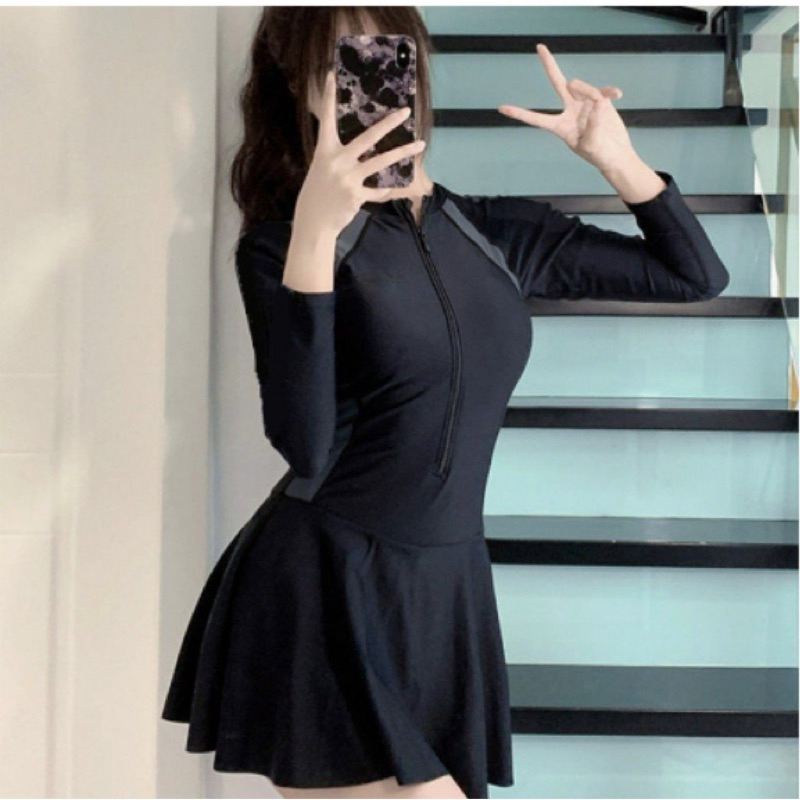 Có size M,L,XL]Bikini đồ bơi đi biển một mảnh dây kéo đen phối xám tay ngắn form váy có quần bảo hộ MANILA VX00 | BigBuy360 - bigbuy360.vn
