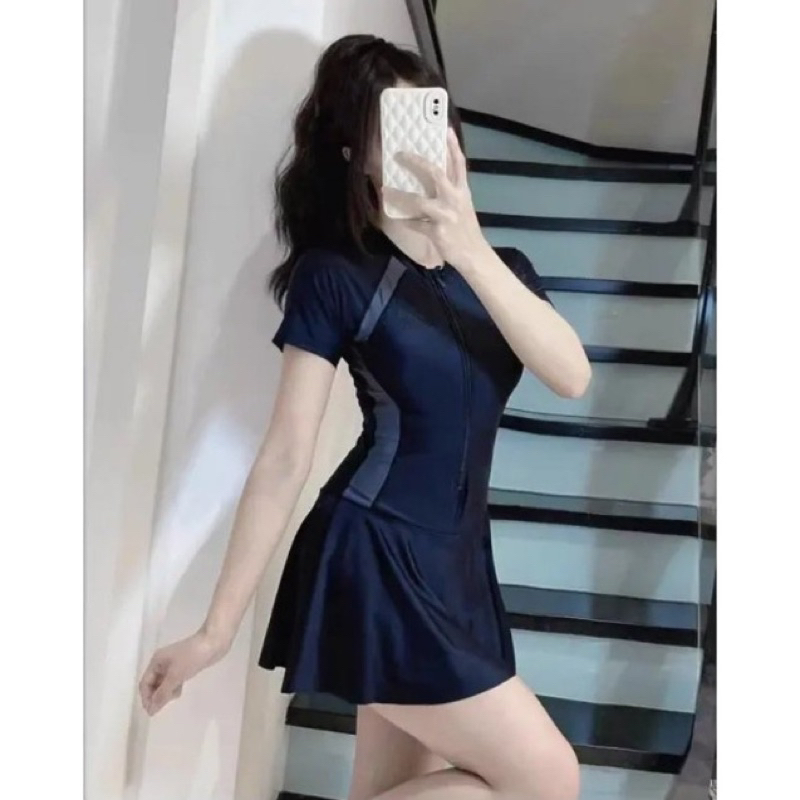 Có size M,L,XL]Bikini đồ bơi đi biển một mảnh dây kéo đen phối xám tay ngắn form váy có quần bảo hộ MANILA VX00 | BigBuy360 - bigbuy360.vn