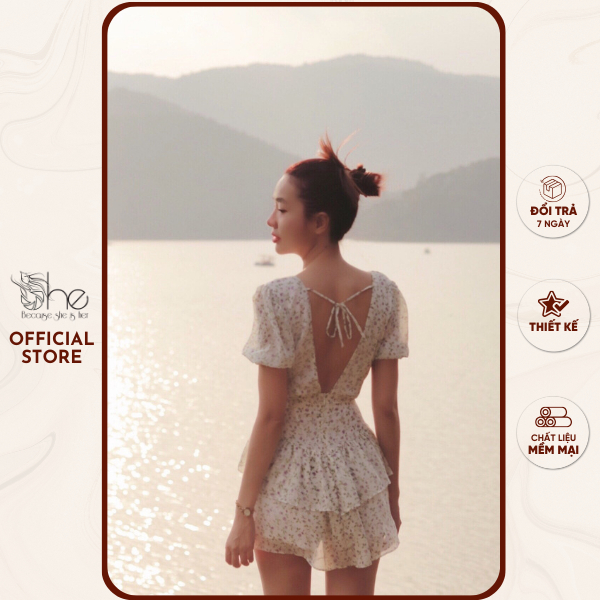 Jump nữ hở lưng V mút ngực She , jump váy nữ hoa nhí tầng dễ thương đi chơi SDX148