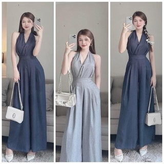 Jumpsuits nữ cổ yếm cột nơ ống rộng style công sở thanh lịch, siêu xinh