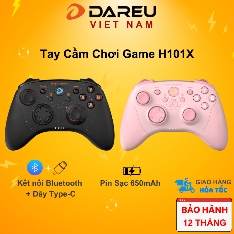 Tay cầm game Dareu H101X Hồng / Đen không dây ( Pin sạc 650mAh, Bluetooth 5.0 ,Dây Type-C )