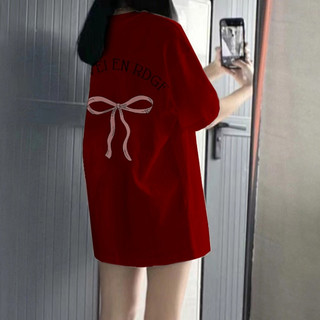 Đỏ mận áo phông nữ form rộng local brand nơ in ấn cổ tròn dáng rộng áo thun 100%cotton