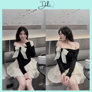 Set Áo Trễ Vai Đính Nơ Vạt Nhọn Bo Tăm + Chân Váy Voan Tơ 2 Tầng Có Quần Trong