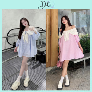 Áo Váy Babydoll Trễ Vai Phối Nơ Tay Bồng Dáng Xoè Kẻ Sọc Chất Liệu Thô Mềm