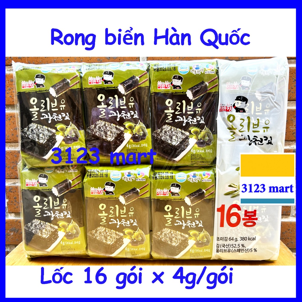 SỈ. (hsd 15/01/2026) (Lốc 16 gói) Rong biển ăn liền KFISH trà xanh GREEN TEA / Olive Hàn Quốc gói 4g