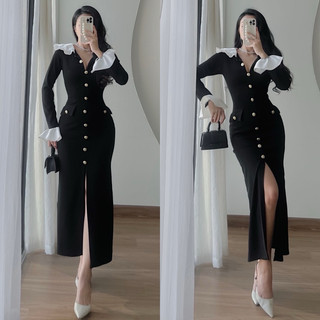 Đầm Maxi Sơ Mi Nút Đồng Viền Bèo Trắng Nữ Tính Gợi Cảm Tôn Body Sexy