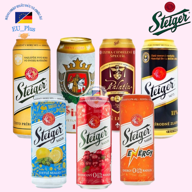 Bia Steiger lon 500ml - 4.5% - Tiệp: Bia vàng, Bia đen, Bia hoa quả vị Chanh, Vị Việt Quất, vị Bưởi
