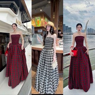 Đầm ống nữ bo eo phối tầng xòe form dài dễ thương kẻ caro chất vải Kate FreeSize