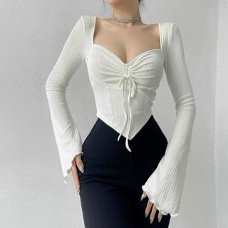 Áo kiểu tay dài nhúng nơ ngực cực xinh