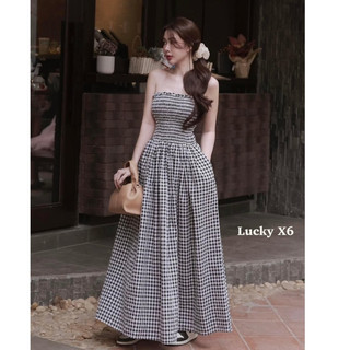 Váy maxi dáng dài,Đầm cúp ngực nữ thiết kế kẻ caro dáng xòe 2 màu hồng ghi phù hợp đi chơi,đi biển