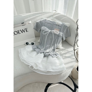 Set áo pull xám + chân váy midi