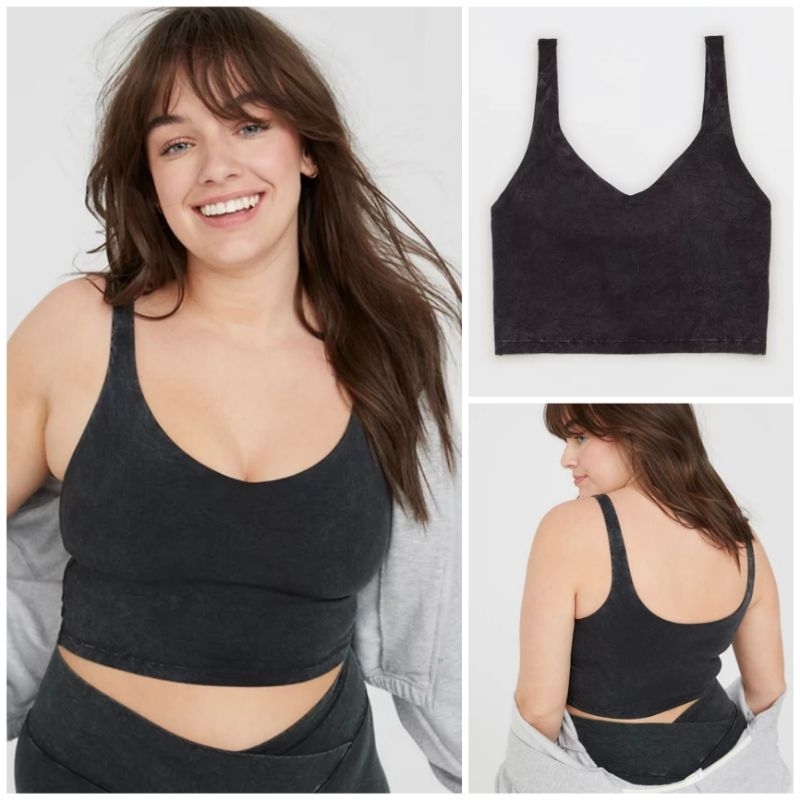 [HÀNG MỸ] Áo croptop AERIE x OFFLINE cổ V dây thun cotton nhung xám khói