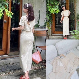 Set áo ống đen chân váy midi cột xoắn eo