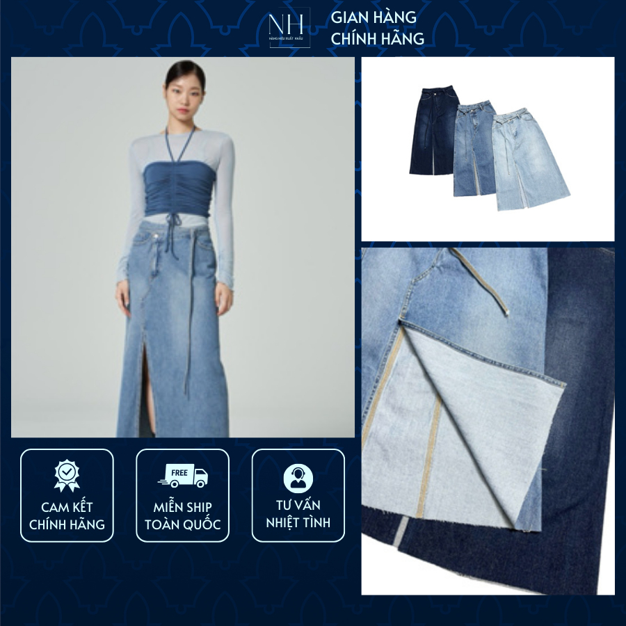 Chân váy jean dài Mind Bridge dáng chữ a xẻ tà trước váy jean dáng dài cạp cao chất liệu cao cấp phố