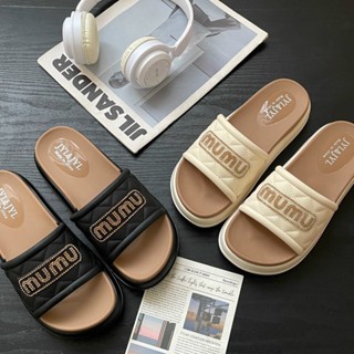 Dép quai ngang nữ, dép nữ Miu Miu đính đá đế cao su non, phong cách sang trọng lịch sự