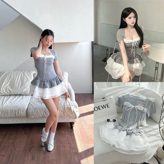 Set áo pull xám + chân váy midi