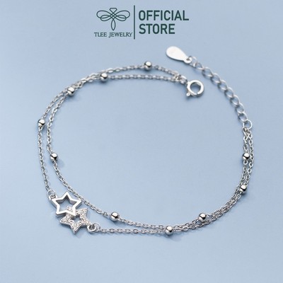 Lắc tay bạc nữ TLEE, vòng tay dây kép bi gắn hình sao đôi xinh xắn TLEE JEWELRY LT0294