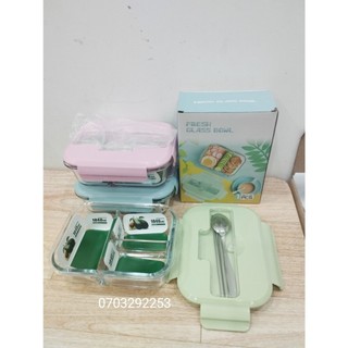 Hộp thủy tinh chữ nhật 3 ngăn kèm muống đũa 1040ml, chịu nhiệt chống tràn, mang cơm, hộp đựng thực phẩm