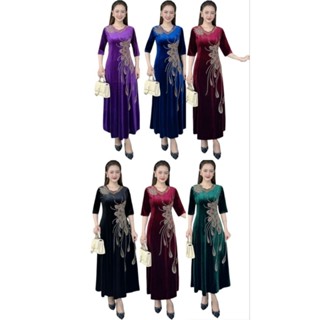  Đầm dạ hội trung niên đi tiệc vải nhung tuyết cổ lượn sóng nạm đá hoa mai ép đá size lớn 75kg Đầm nhung trung niên 