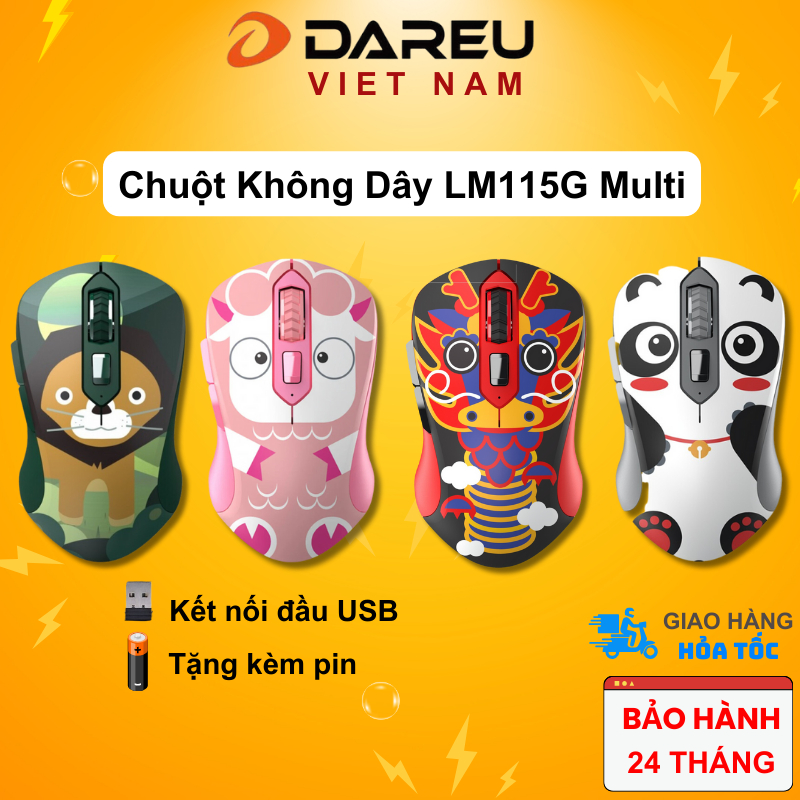Chuột Không Dây DAREU LM115G Multi-color ( Hình Thú Lion / Dragon / Panda / Sheep )