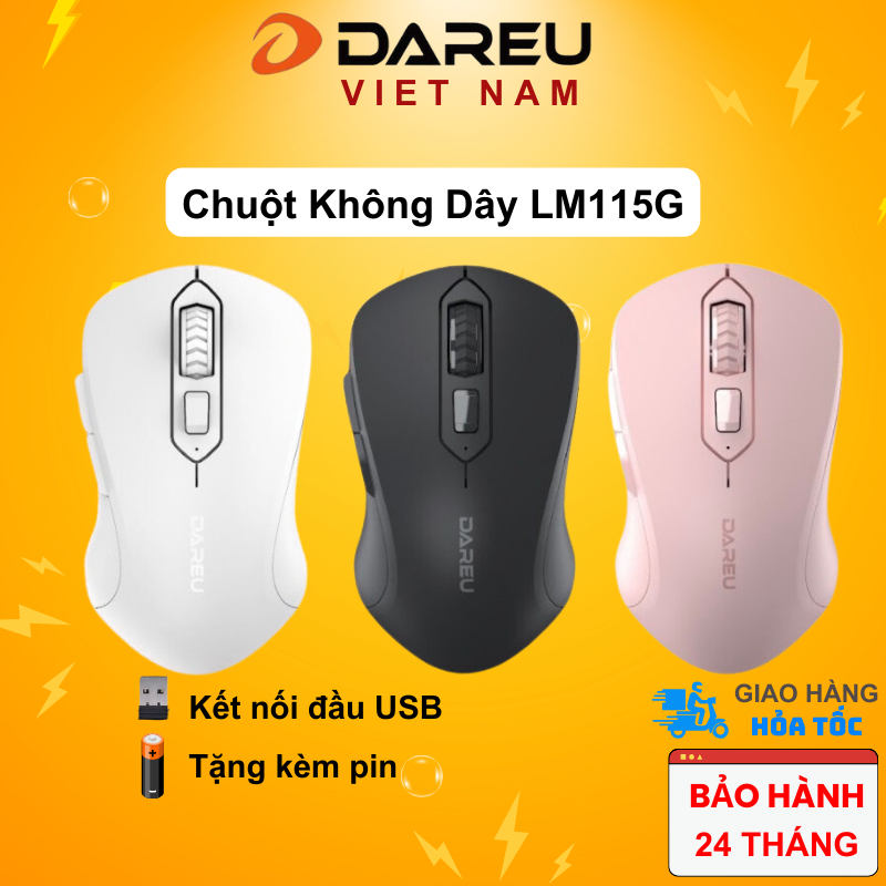 Chuột không dây DAREU LM115G Pink / Black / White - Kết nối xa 10m