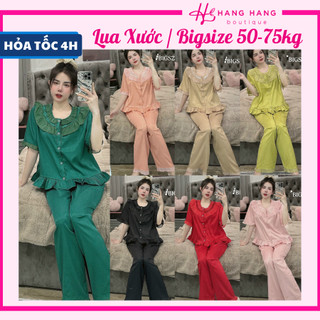 Bộ đồ ngủ freesize 40-75kg, đồ bộ nữ pijama dài cộc tay voan cổ bèo lụa xước bigsize, đồ ngủ lụa tiểu thư trơn mặc nhà