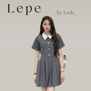 LEPE BY LINH - Váy Xám xếp ly chân phối cổ sơ mi tay ngắn basic thiết kế Elara