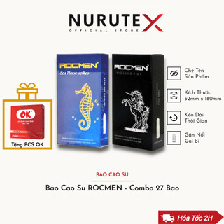 Combo 2 hộp bao cao su gân gai, kéo dài thời gian ROCMEN LONG SHOCK & SEA HORSE, tặng hộp 3 BCS OK