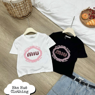 Áo phông cotton đính kim sa cộc tay dáng ngắn