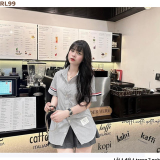 Áo sơ mi ngắn tay đen phối 4 vạch kẻ tay - áo sơ mi kẻ màu ghi xám có vạch tay cực hot