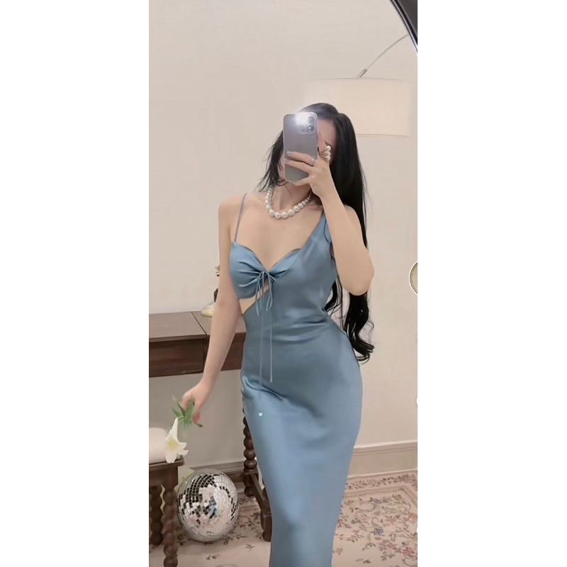 đầm lụa lệch vai kèm áo trong có mút