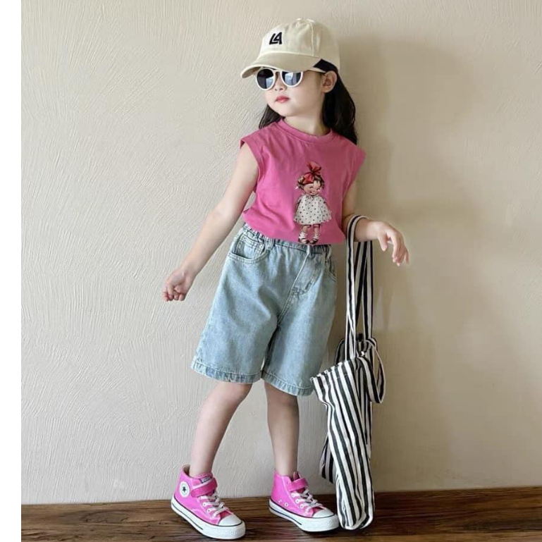 Bộ cộc tay cho bé gái, sét áo cotton màu hồng phối quần ngố jean phong cách cho bé 10-33kg Juny Kids