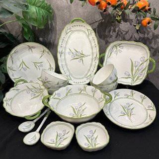 Bộ bát đĩa sứ Decor, Chén dĩa dễ thương, Bát ăn cơm, Bát chè, Bộ chén dĩa hoạ tiết hoa Tulip xanh lá, Sét 16 món