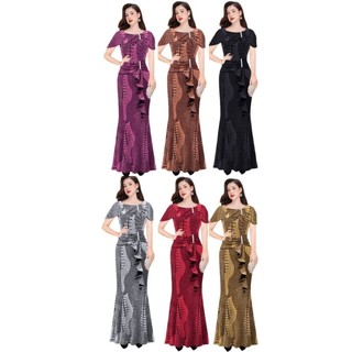 Đầm dạ hội trung niên cho mẹ đi tiệc U40 U50 kiểu choàng vai dáng đuôi cá phối bèo che bụng vải thun nhũ big size 75kg