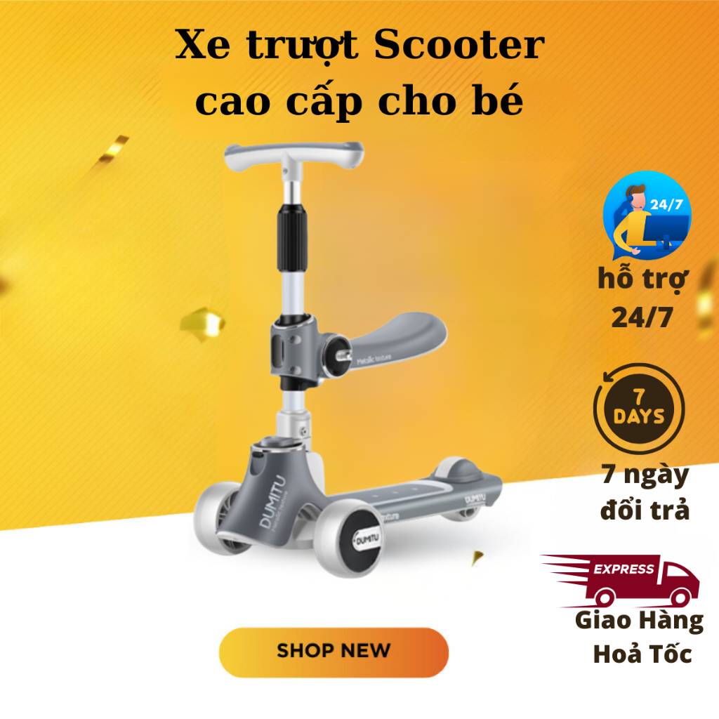 Xe trượt Scooter cao cấp cho bé Dumitu 2 trong 1 đèn kiêm chòi chân đa năng phát sáng từ 1 đến 14 tu