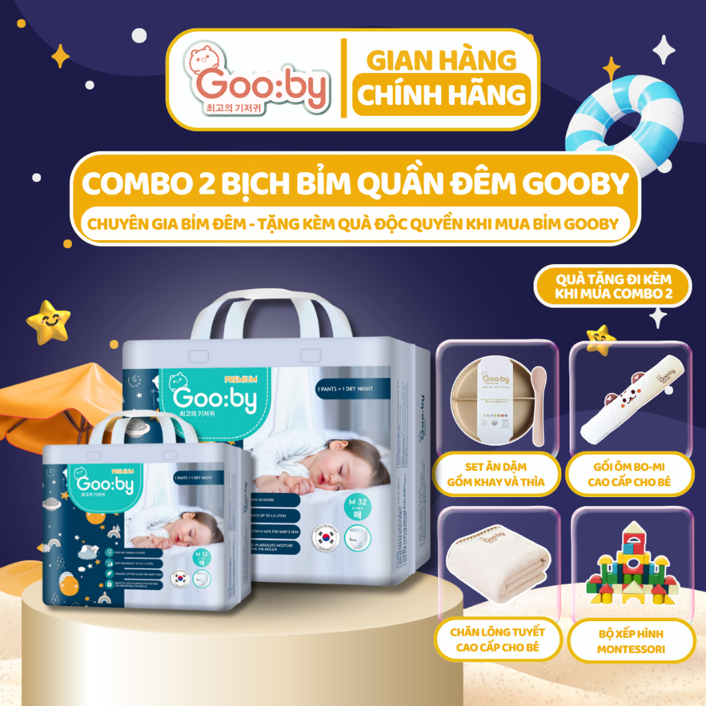 Combo 2 bịch Bỉm quần Gooby Premium-Chuyên gia bỉm đêm, chống trào 12h, đủ size M/L/XL/XXL