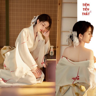 Kimono yukata nhật bản nữ trắng hoa đỏ