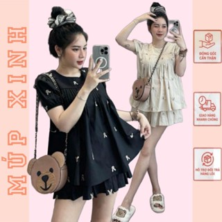  Set bộ váy bigsize nữ 58-92kg set váy babydoll bigsize in thỏ áo tay phồng phối chân váy xoè tôn dáng che khuyết điểm 