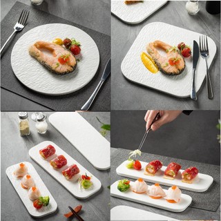 (SẴN) Đĩa vuông tròn chữ nhật sushi men bóng vân sóng nước - Chén dĩa nhà hàng sứ trắng cao cấp xuất Âu