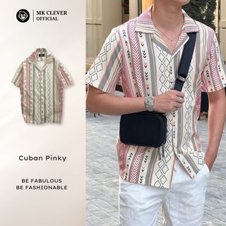 Áo Sơ Mi Cuban nam Pinky Ngắn Tay MK CLEVER Chất liệu lụa mềm mịn, thoáng mát, chống nhăn, form rộng mặc hằng ngày
